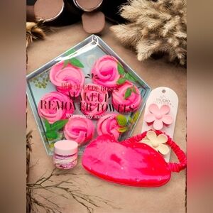 Pink Makeup Remover Towels Set With Sleep Mask, Body Polish & Hair Claw Clips